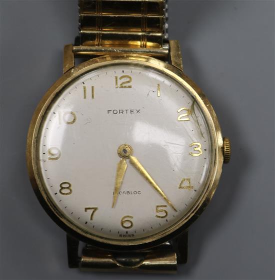 A gentlemans 9ct gold Fortex manual wind wrist watch, on flexible bracelet.